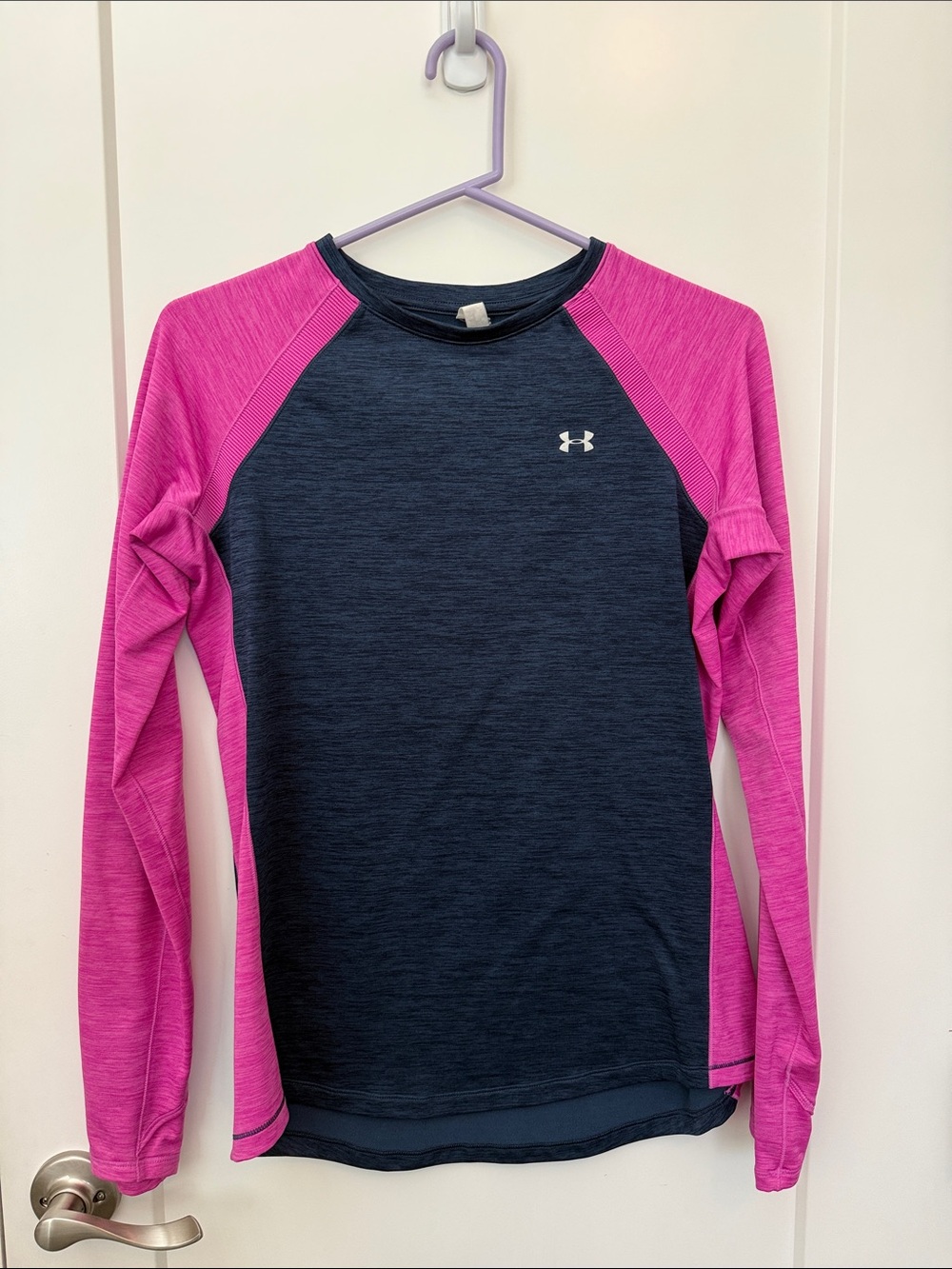 Under Armour Fitted Navy Heather Long Sleeve Top with Bright Pink Sleeves